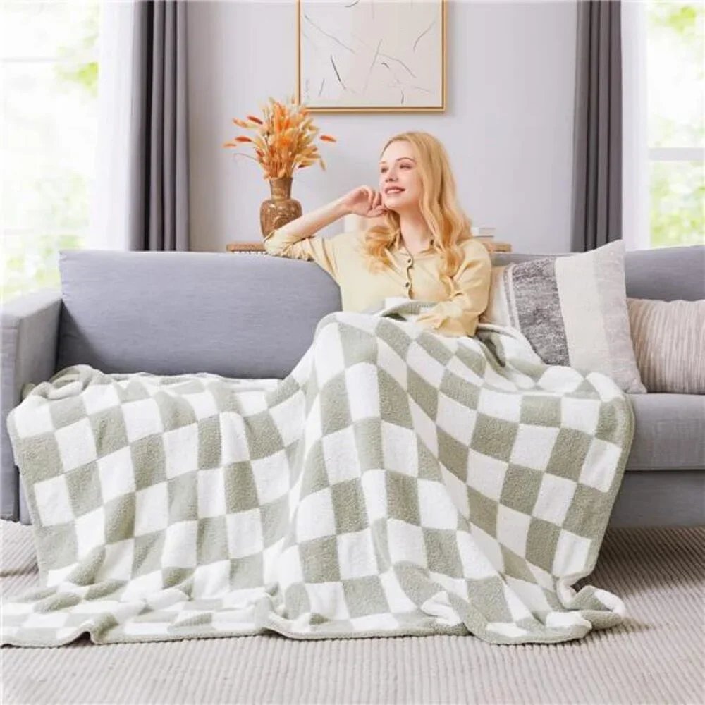 Checkered Throw Blanket, Sage Green Soft Cozy Fluffy Hand Made Throw Blankets